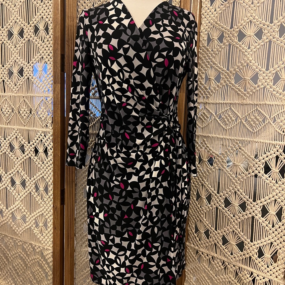 Anne Klein Black and Pink Geometric Wrap Dress